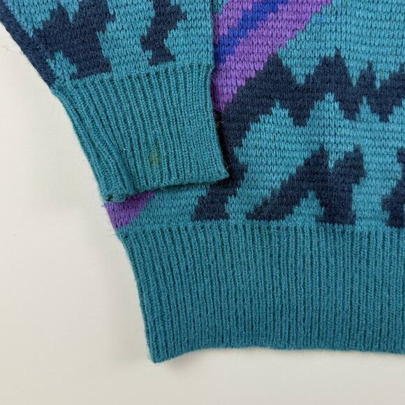 Vintage Abstract Blue Purple Retro 80s Acrylic Wool Blend Sweater Size Medium - Picture 3 of 6